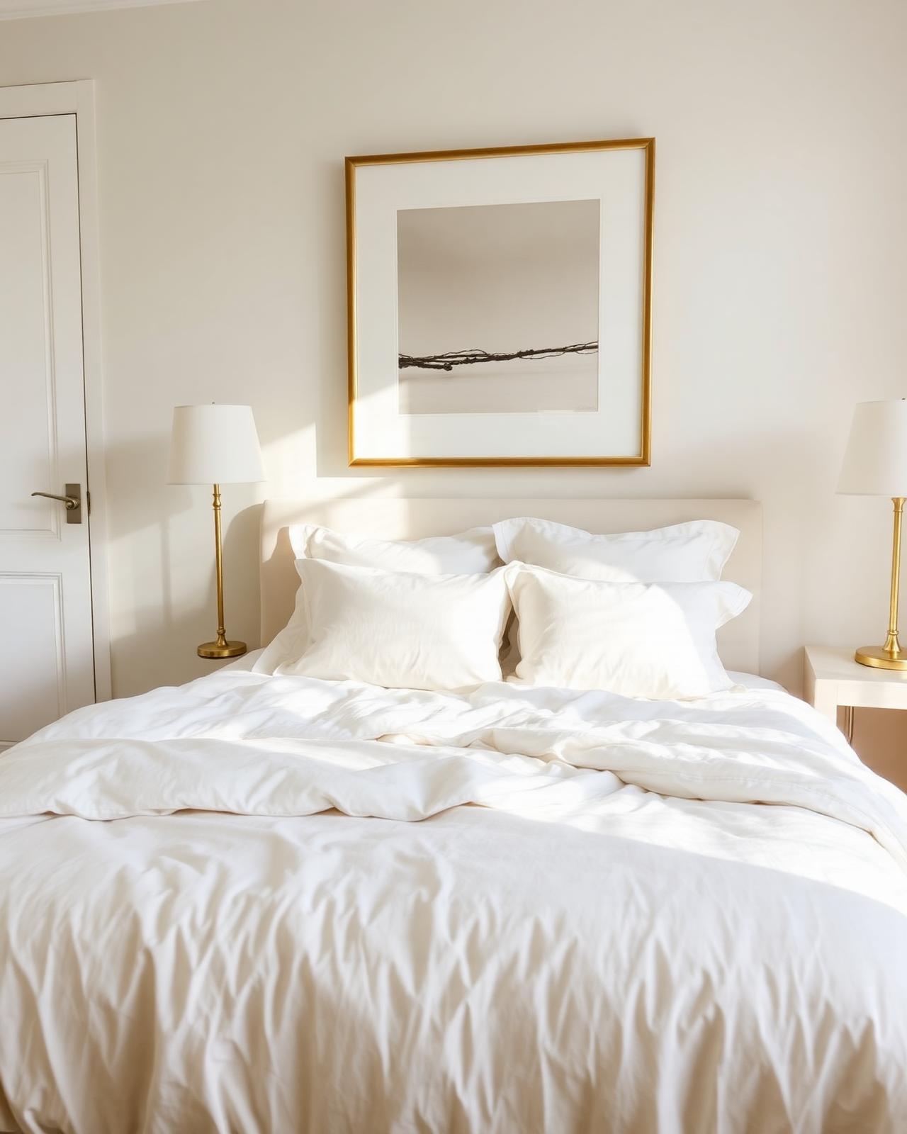 Staged bedroom with cream linens and gold lamps