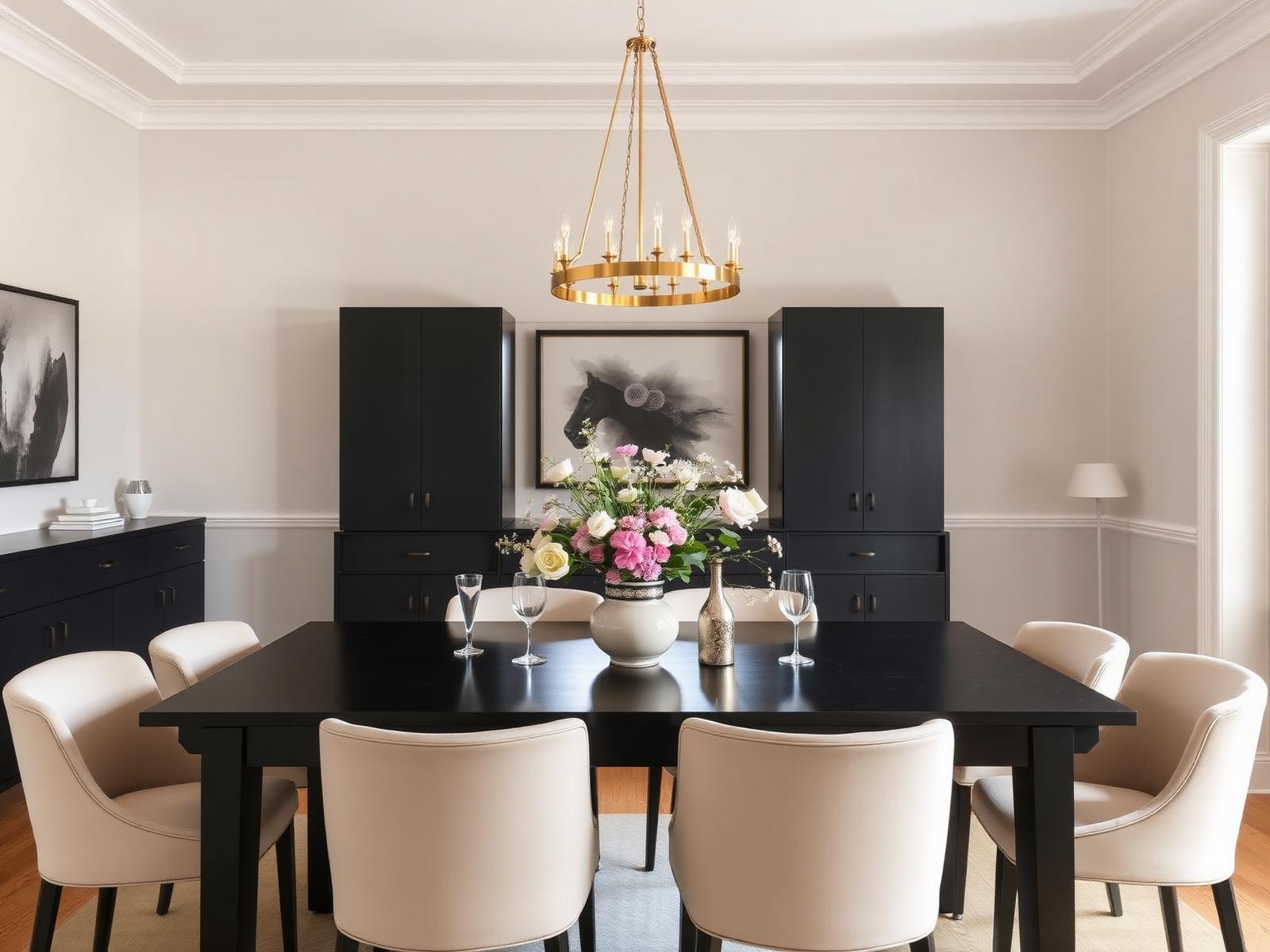 Modern dining room with gold chandelier