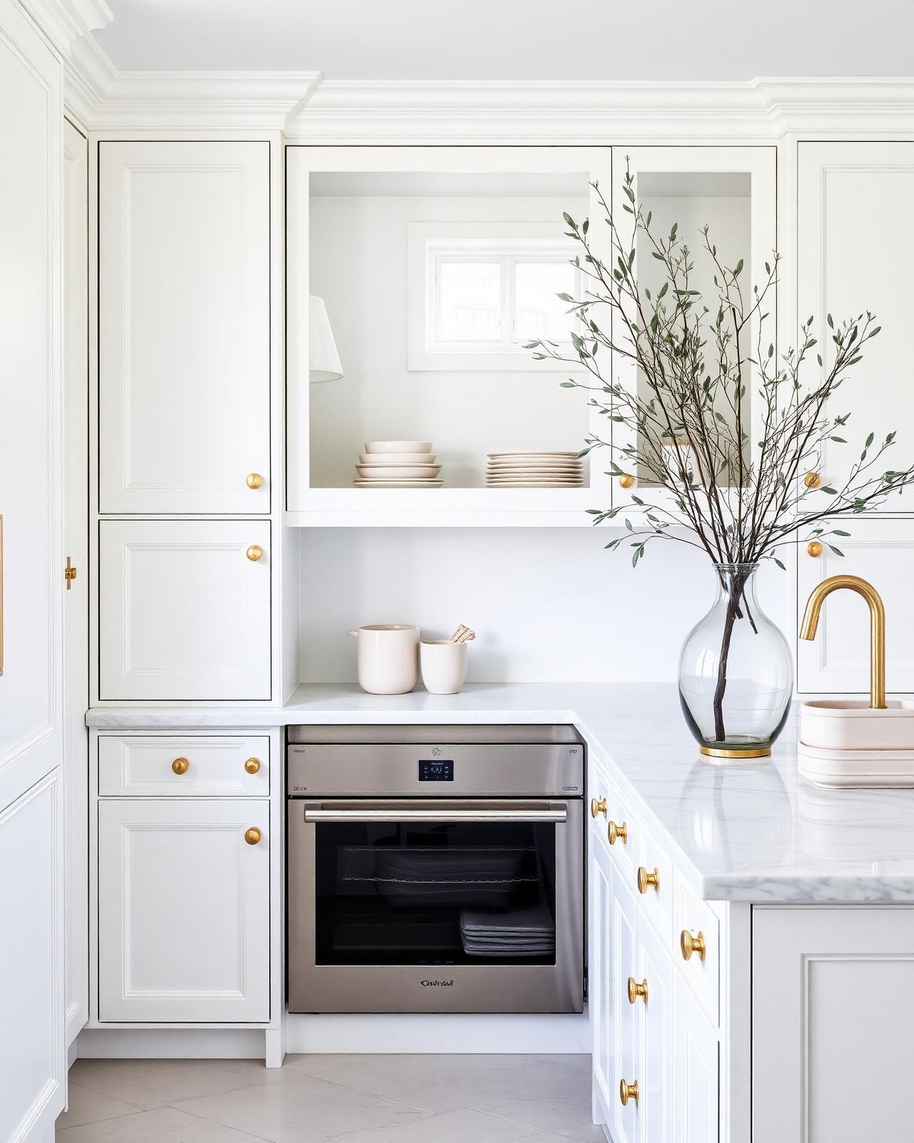 White kitchen with brass hardware