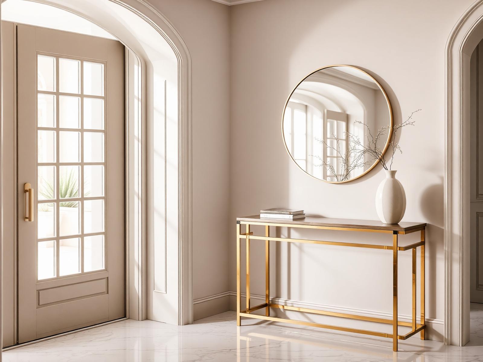Elegant entryway with round gold mirror